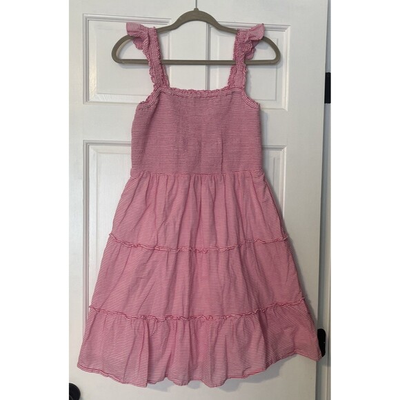 J. Crew Smocked Mini Dress Medium Tiered Pink Striped Ruffle Cottage Prairie - Picture 2 of 9